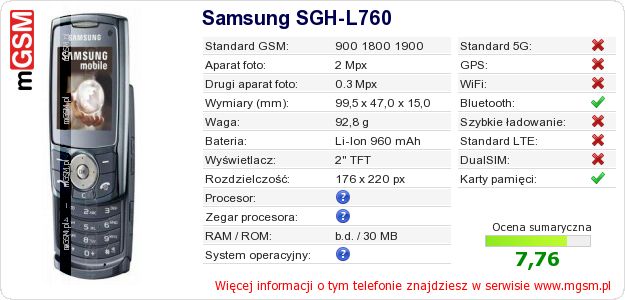 Dane telefonu Samsung SGH-L760