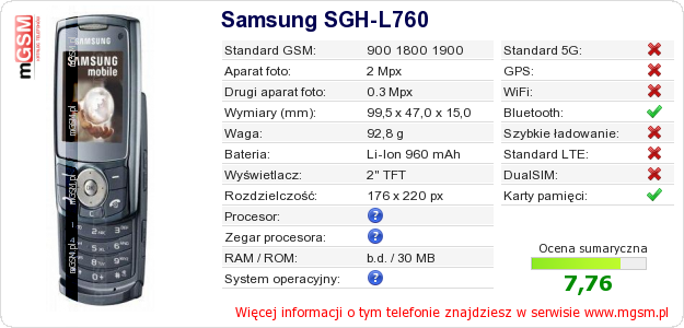 Dane telefonu Samsung SGH-L760