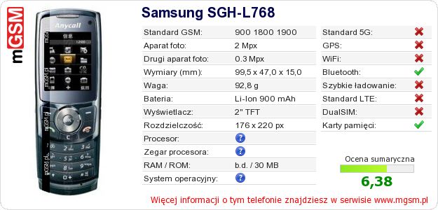 Dane telefonu Samsung SGH-L768 Dane telefonu Samsung SGH-L768