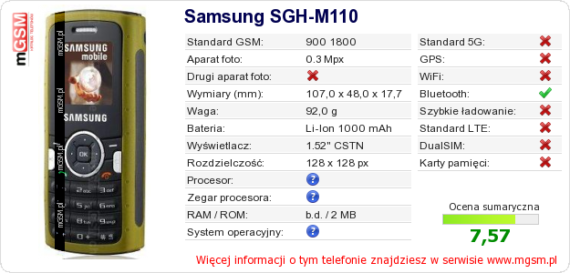 Dane telefonu Samsung SGH-M110 Dane telefonu Samsung SGH-M110