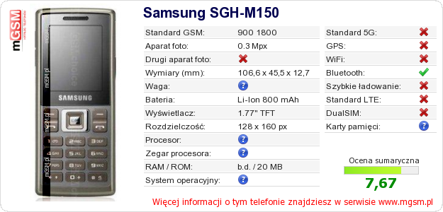 Dane telefonu Samsung SGH-M150 Dane telefonu Samsung SGH-M150