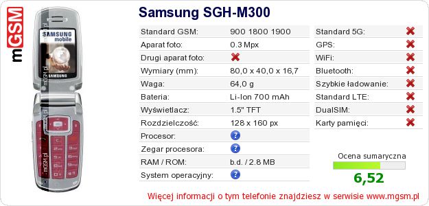 Dane telefonu Samsung SGH-M300 Dane telefonu Samsung SGH-M300