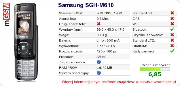 Dane telefonu Samsung SGH-M610