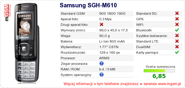 Dane telefonu Samsung SGH-M610