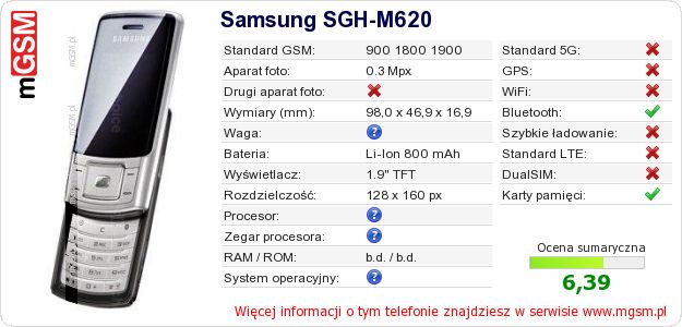 Dane telefonu Samsung SGH-M620 Dane telefonu Samsung SGH-M620