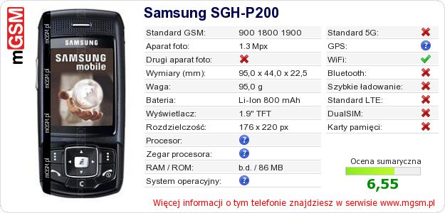 Dane telefonu Samsung SGH-P200 Dane telefonu Samsung SGH-P200