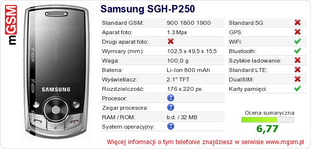 Dane telefonu Samsung SGH-P250 Dane telefonu Samsung SGH-P250