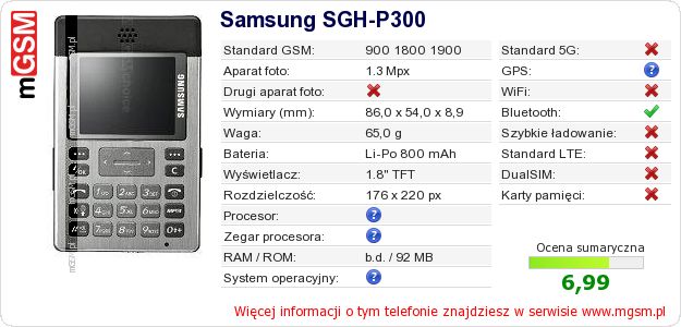 Dane telefonu Samsung SGH-P300 Dane telefonu Samsung SGH-P300