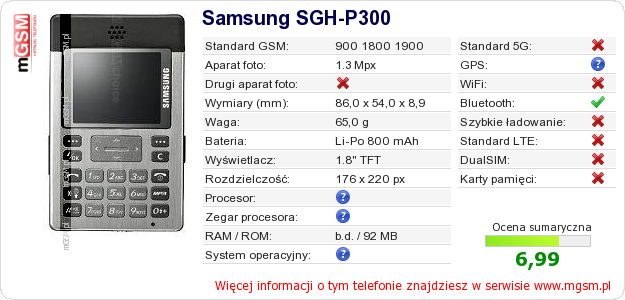 Dane telefonu Samsung SGH-P300