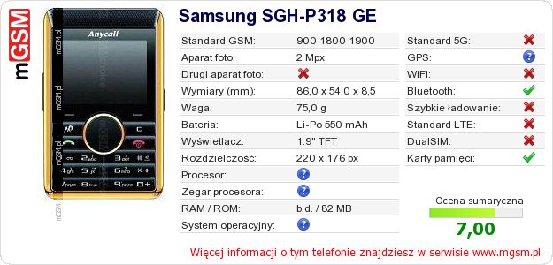 Dane telefonu Samsung SGH-P318 GE Dane telefonu Samsung SGH-P318 GE