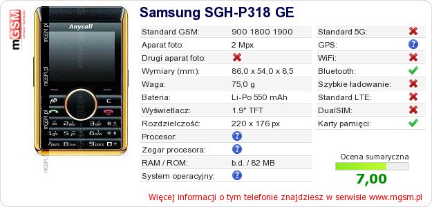 Dane telefonu Samsung SGH-P318 GE Dane telefonu Samsung SGH-P318 GE