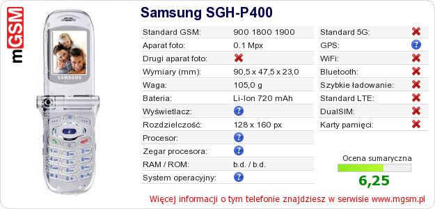 Dane telefonu Samsung SGH-P400