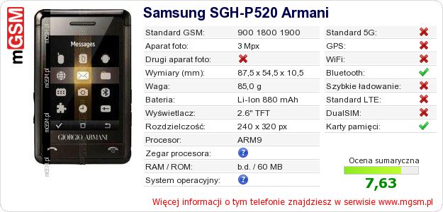 Dane telefonu Samsung SGH-P520 Armani Dane telefonu Samsung SGH-P520 Armani