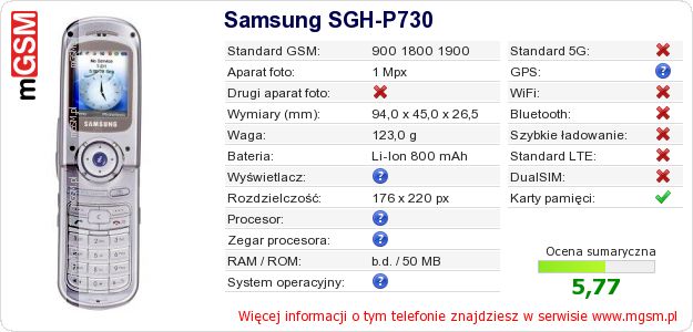 Dane telefonu Samsung SGH-P730 Dane telefonu Samsung SGH-P730