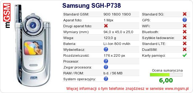 Dane telefonu Samsung SGH-P738