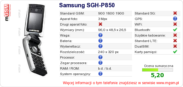 Dane telefonu Samsung SGH-P850