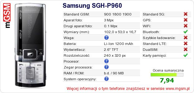 Dane telefonu Samsung SGH-P960