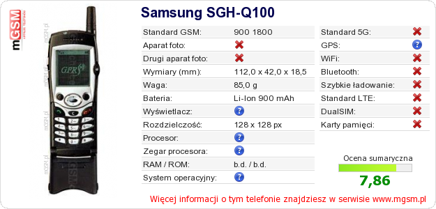 Dane telefonu Samsung SGH-Q100