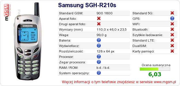 Dane telefonu Samsung SGH-R210s