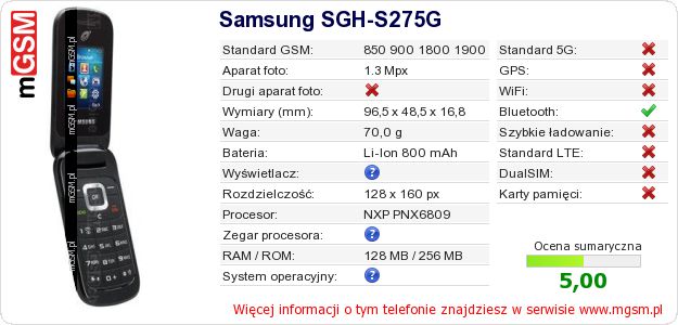 Dane telefonu Samsung SGH-S275G