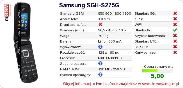 Dane telefonu Samsung SGH-S275G