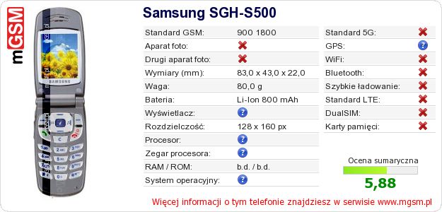 Dane telefonu Samsung SGH-S500 Dane telefonu Samsung SGH-S500