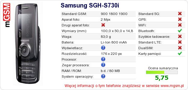Dane telefonu Samsung SGH-S730i