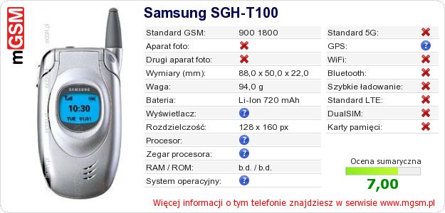 Dane telefonu Samsung SGH-T100 Dane telefonu Samsung SGH-T100