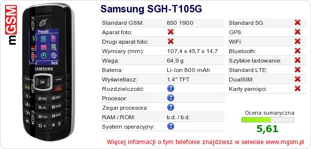 Dane telefonu Samsung SGH-T105G