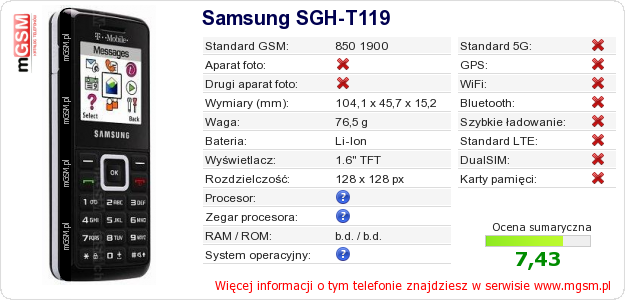 Dane telefonu Samsung SGH-T119