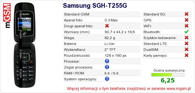 Dane telefonu Samsung SGH-T255G Dane telefonu Samsung SGH-T255G
