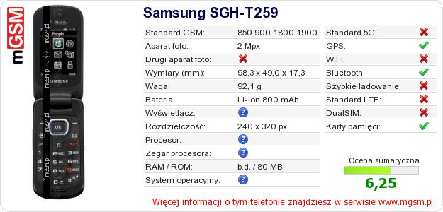 Dane telefonu Samsung SGH-T259 Dane telefonu Samsung SGH-T259