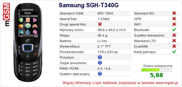 Dane telefonu Samsung SGH-T340G