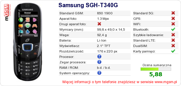 Dane telefonu Samsung SGH-T340G Dane telefonu Samsung SGH-T340G