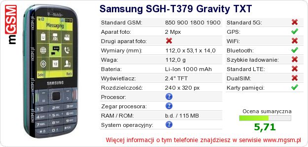 Dane telefonu Samsung SGH-T379 Gravity TXT Dane telefonu Samsung SGH-T379 Gravity TXT