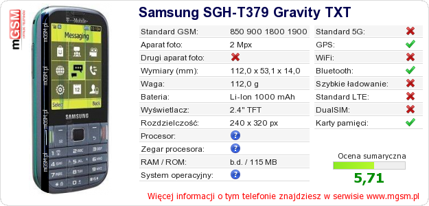 Dane telefonu Samsung SGH-T379 Gravity TXT