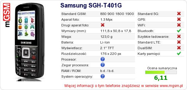 Dane telefonu Samsung SGH-T401G