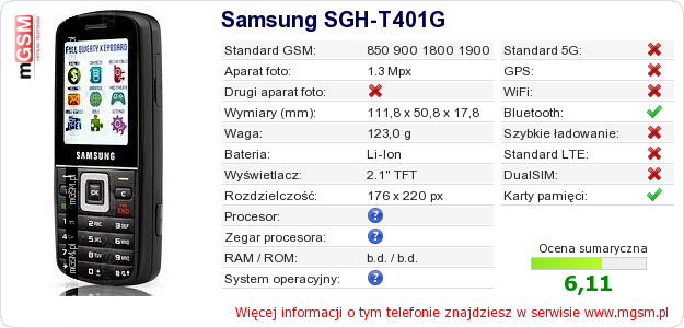 Dane telefonu Samsung SGH-T401G