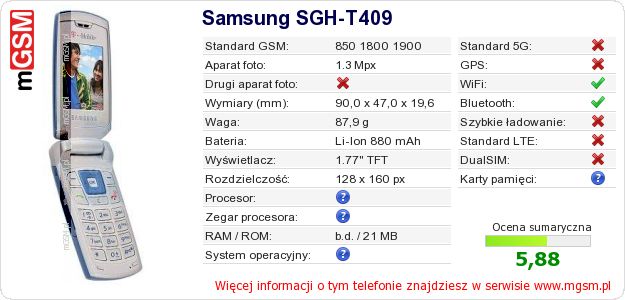 Dane telefonu Samsung SGH-T409