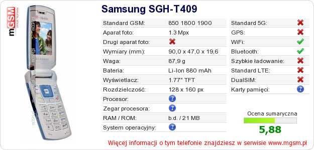 Dane telefonu Samsung SGH-T409 Dane telefonu Samsung SGH-T409