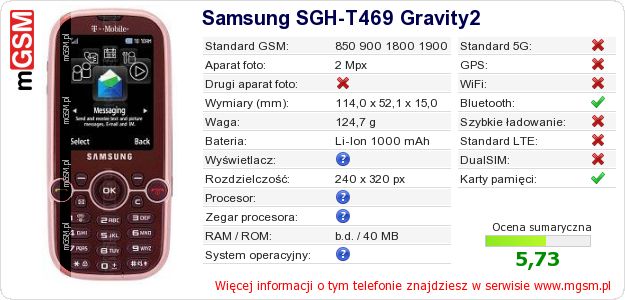 Dane telefonu Samsung SGH-T469 Gravity2 Dane telefonu Samsung SGH-T469 Gravity2