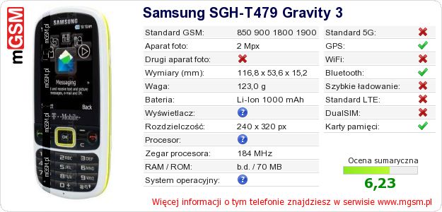 Dane telefonu Samsung SGH-T479 Gravity 3 Dane telefonu Samsung SGH-T479 Gravity 3