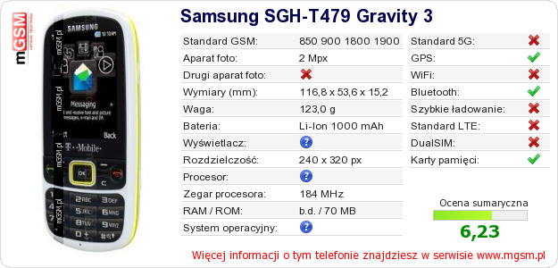 Dane telefonu Samsung SGH-T479 Gravity 3 Dane telefonu Samsung SGH-T479 Gravity 3