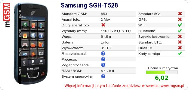 Dane telefonu Samsung SGH-T528 Dane telefonu Samsung SGH-T528