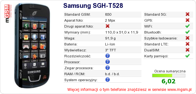 Dane telefonu Samsung SGH-T528 Dane telefonu Samsung SGH-T528