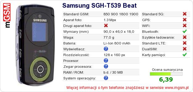 Dane telefonu Samsung SGH-T539 Beat Dane telefonu Samsung SGH-T539 Beat