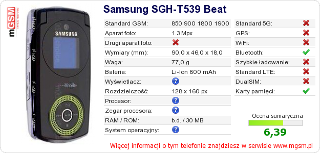 Dane telefonu Samsung SGH-T539 Beat Dane telefonu Samsung SGH-T539 Beat