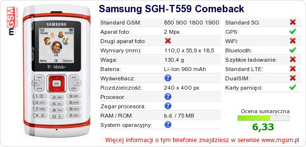 Dane telefonu Samsung SGH-T559 Comeback Dane telefonu Samsung SGH-T559 Comeback