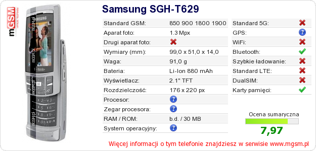 Dane telefonu Samsung SGH-T629