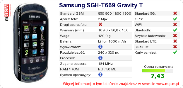 Dane telefonu Samsung SGH-T669 Gravity T Dane telefonu Samsung SGH-T669 Gravity T